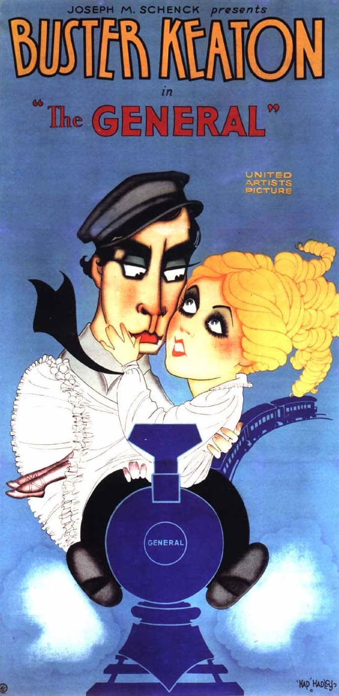 Archival poster for The General showing a locomotive and silent comedy action.