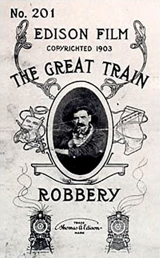 Archival promotional poster for The Great Train Robbery with bandits and train action.