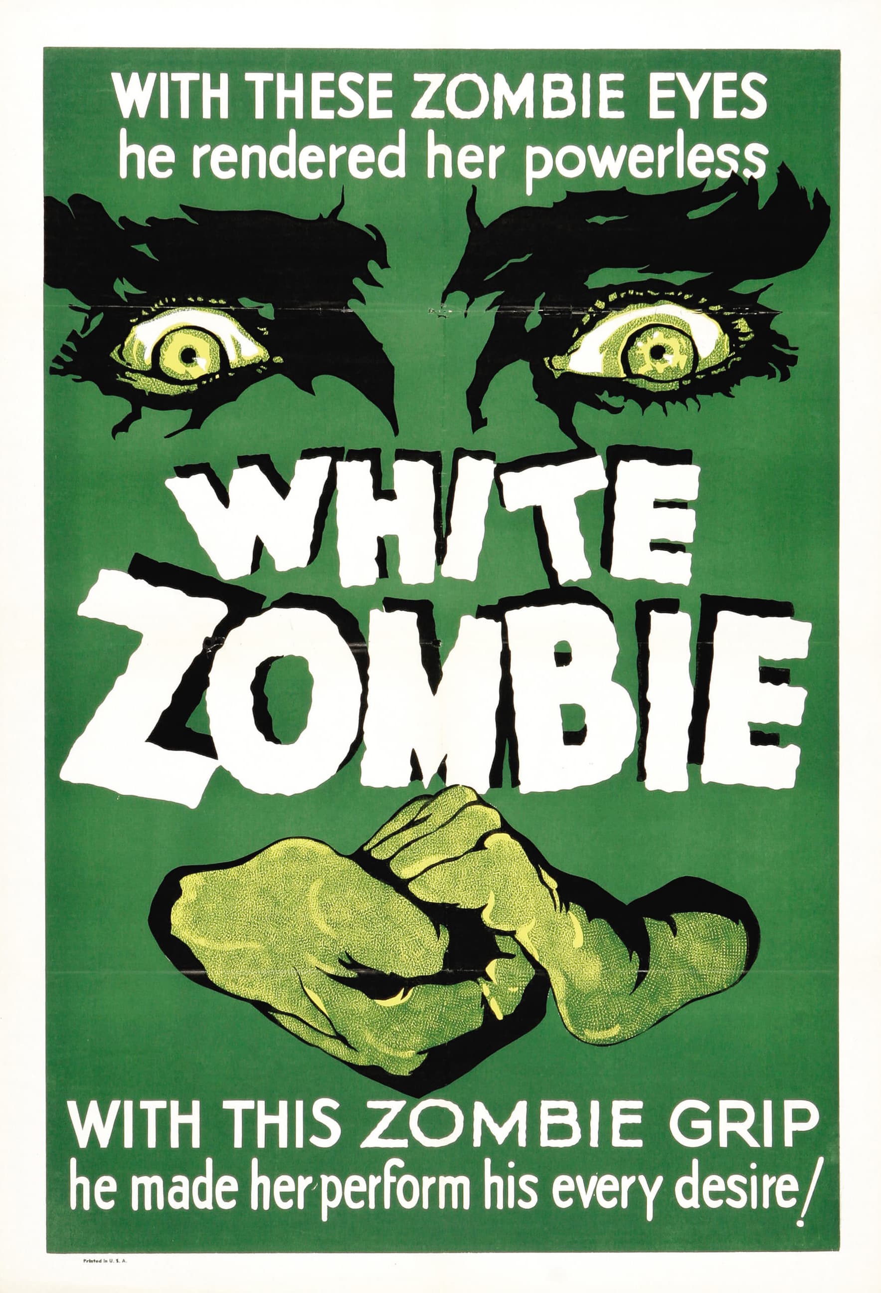 Archival poster for White Zombie showing a horror scene with looming figures.