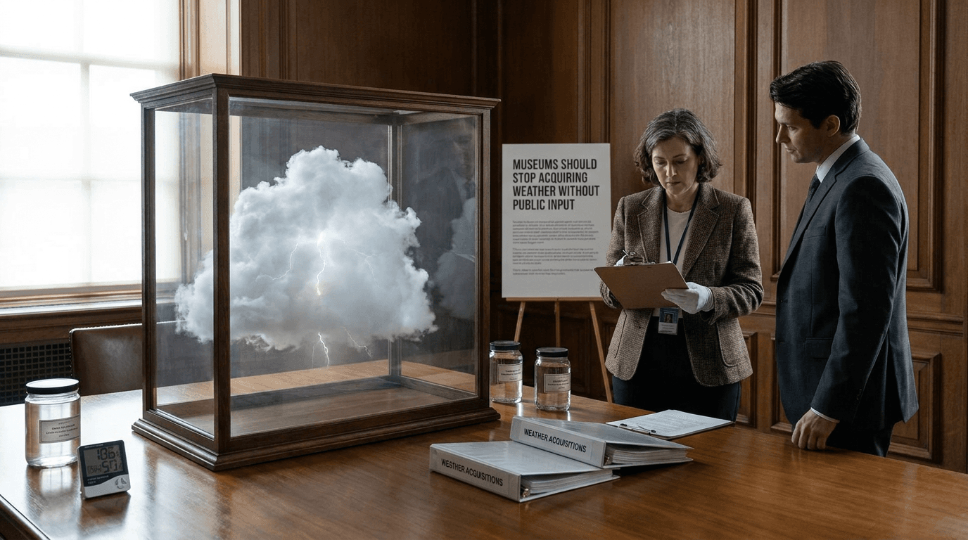 A public hearing table displays museum weather acquisition plans beside closed umbrellas.