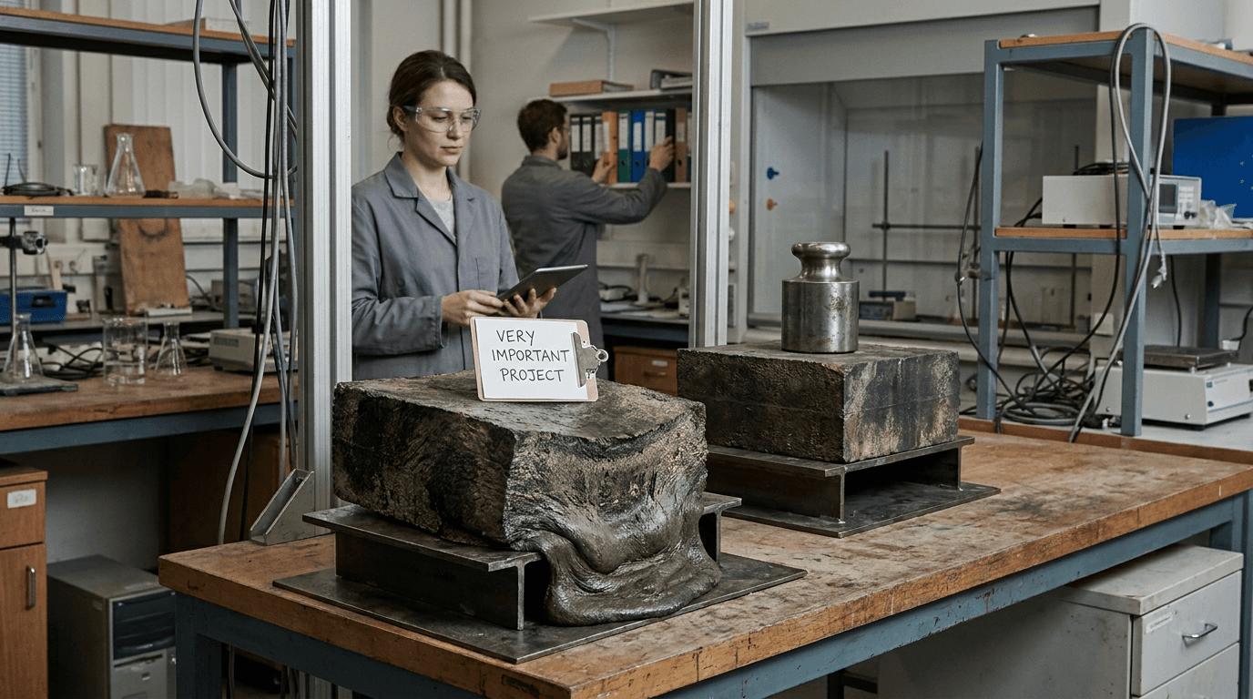 Engineers watch a test beam bend under a sign of expectations while heavy blocks sit nearby.