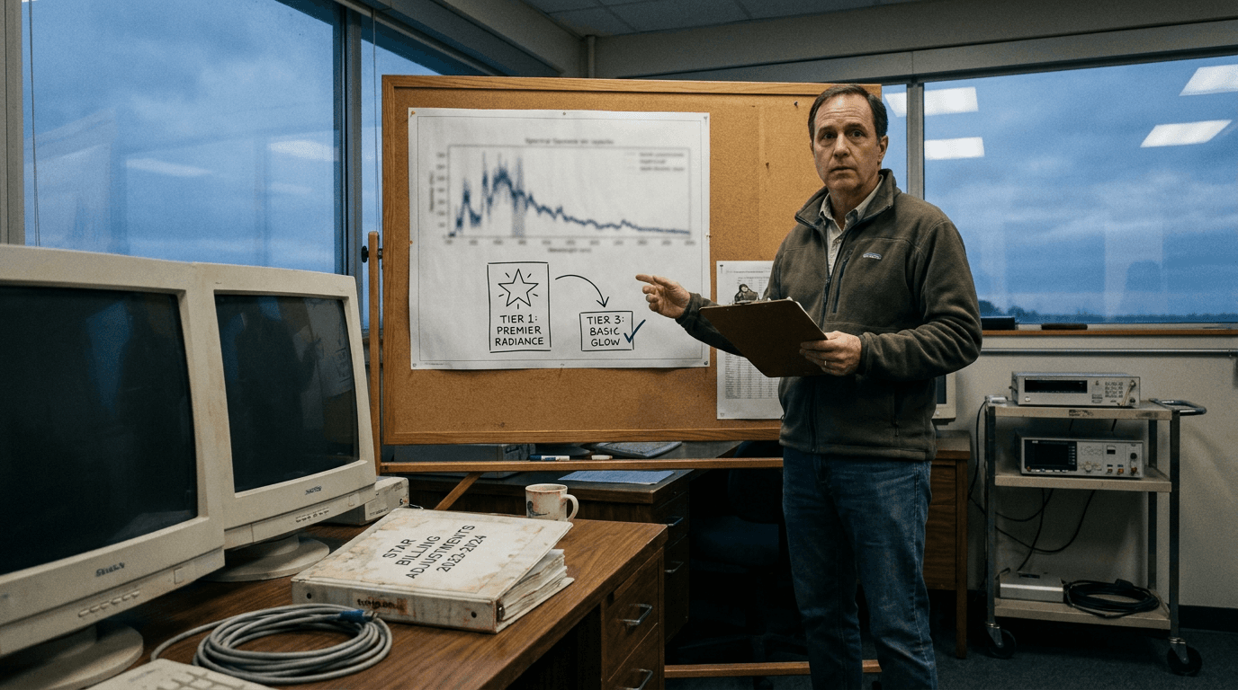 Astronomers review billing forms beside telescope monitors showing a bright star.