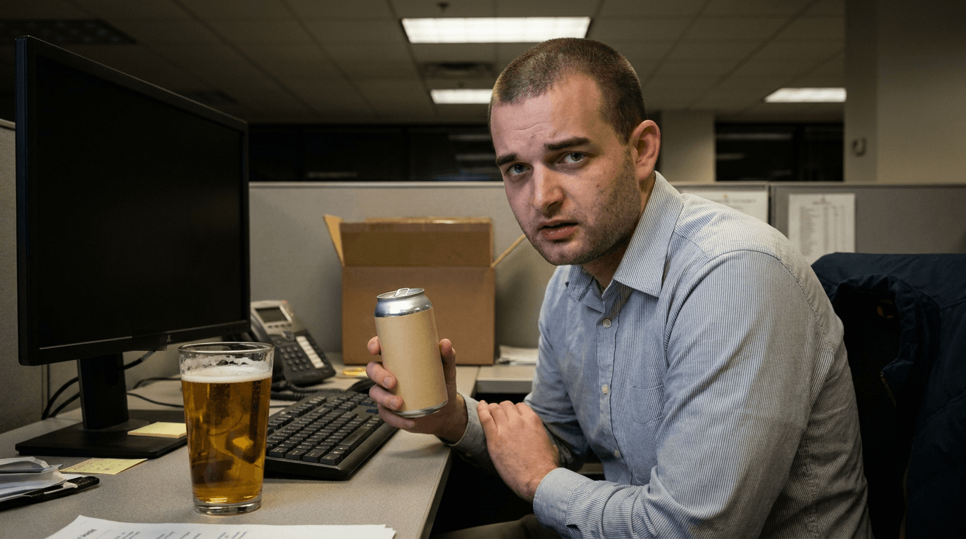 Doug sits in an office after hours holding an unbranded beer can beside a pint glass of beer.
