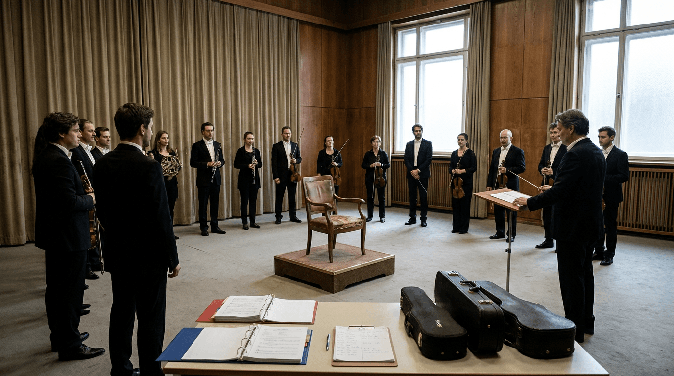 An orchestra performs around a single empty chair lit by a restrained spotlight.