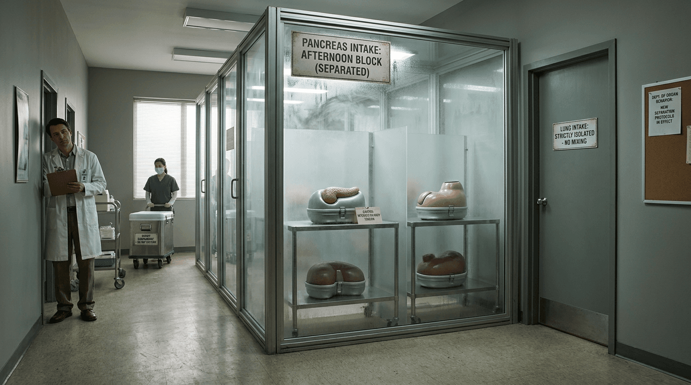 An orderly waiting room has separate chairs occupied by preserved organs in glass containers.