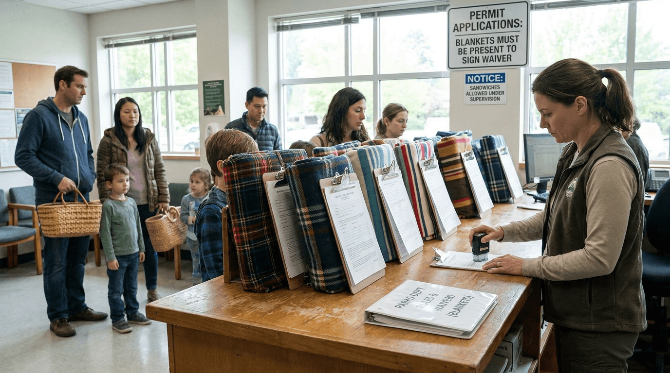 A parks employee reviews waiver forms with picnic blankets lined up at a permit counter.