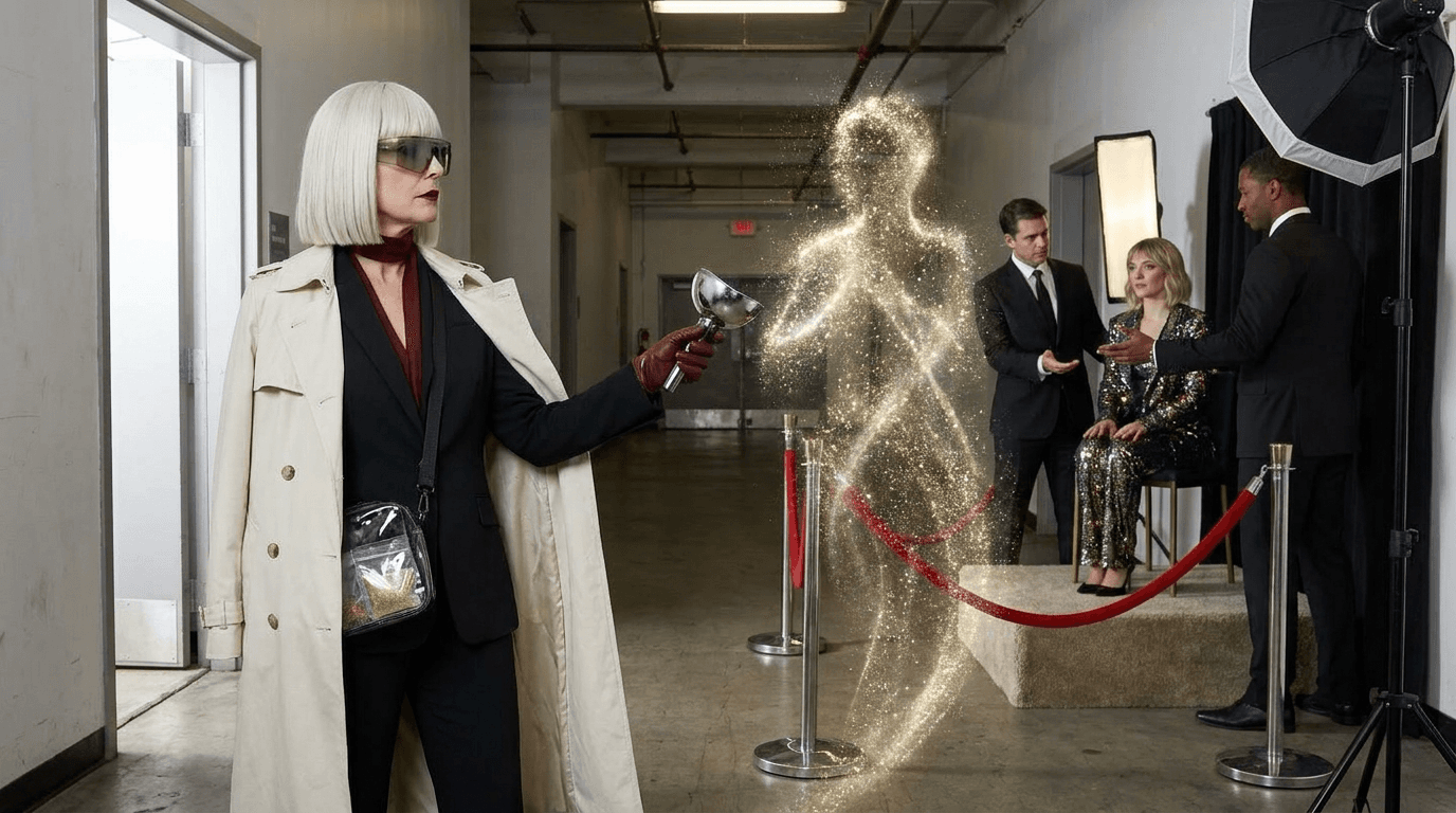 Gilda Glint samples glittering applause residue near a fictional pop star while a separate ovation gathers behind a velvet rope.