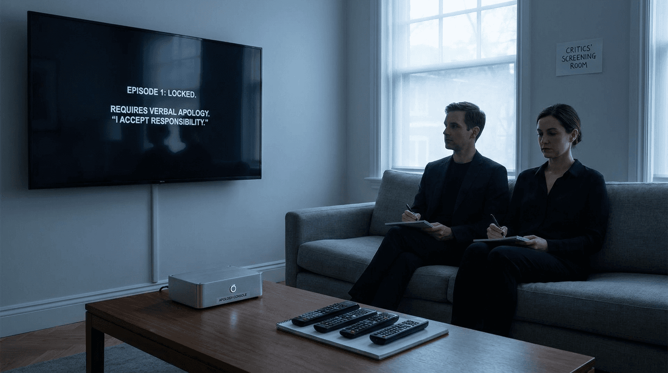 A home theater screen shows a paused prestige drama while viewers sit formally before an apology console.