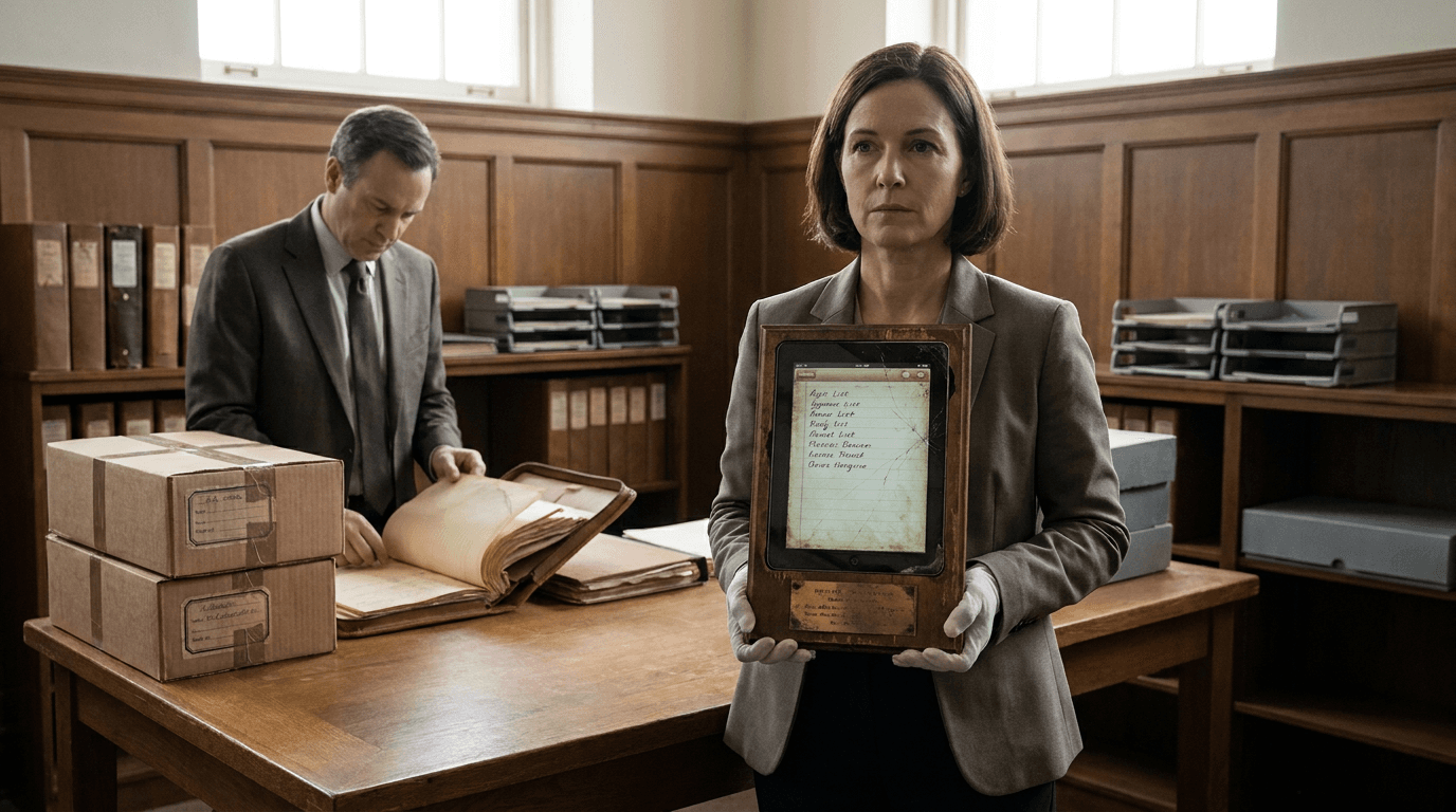 A phone app displays an archived task beside a velvet-lined box and family documents.