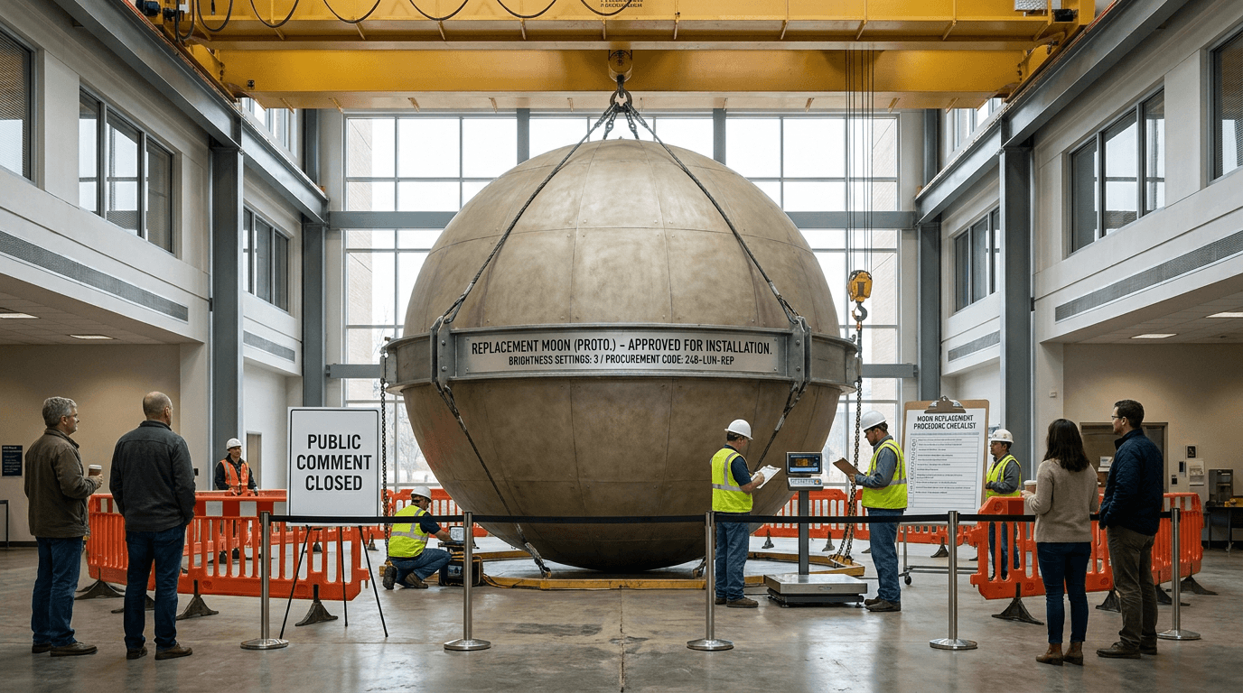 Officials in a civic chamber study an artificial moon suspended by a crane outside the windows.