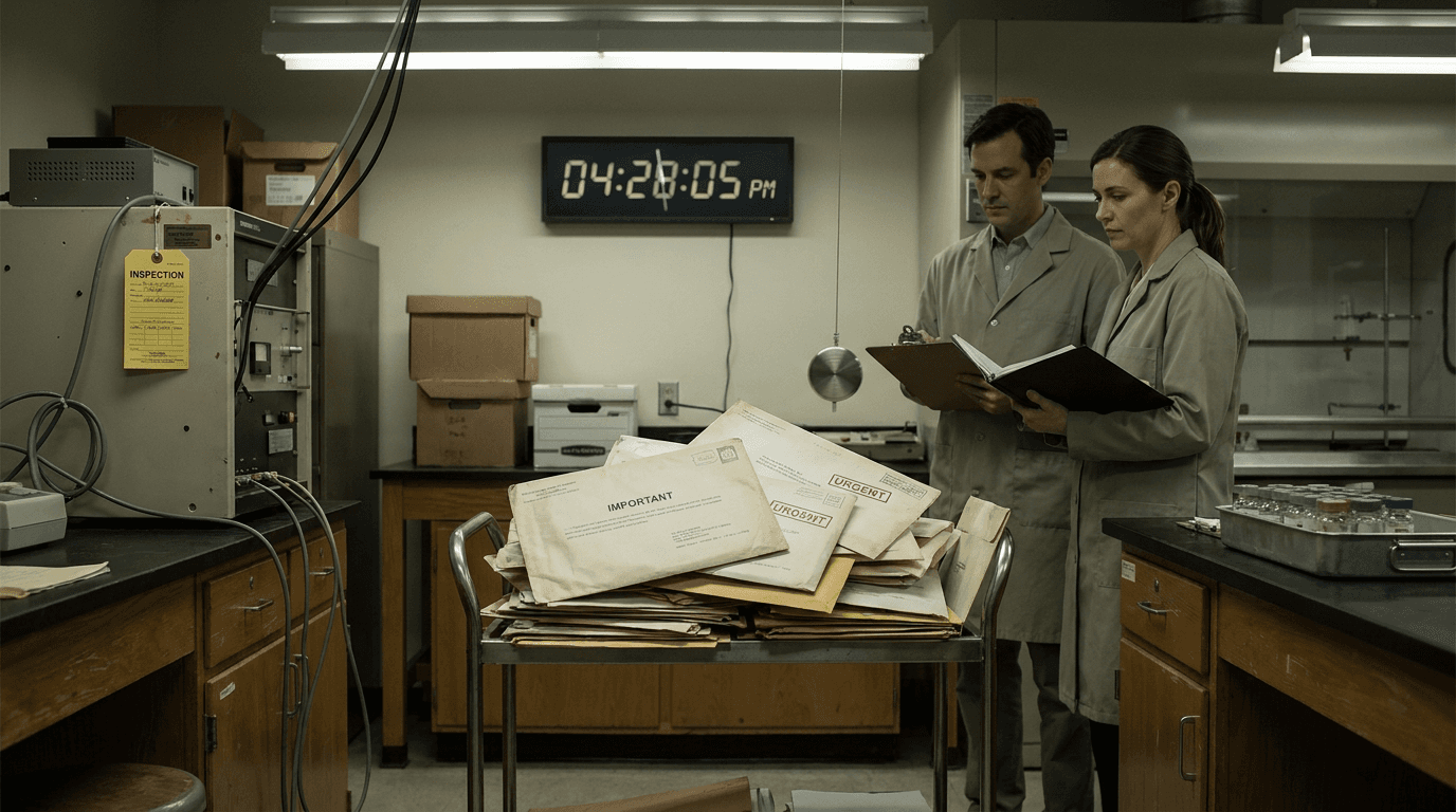 Scientists place precision clocks around a stack of unopened mail on a kitchen counter.