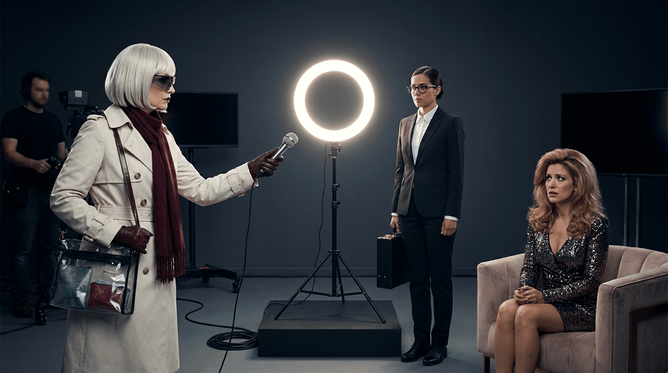 Gilda Glint questions a glowing ring light seated like a witness before a fictional reality host's reunion taping.
