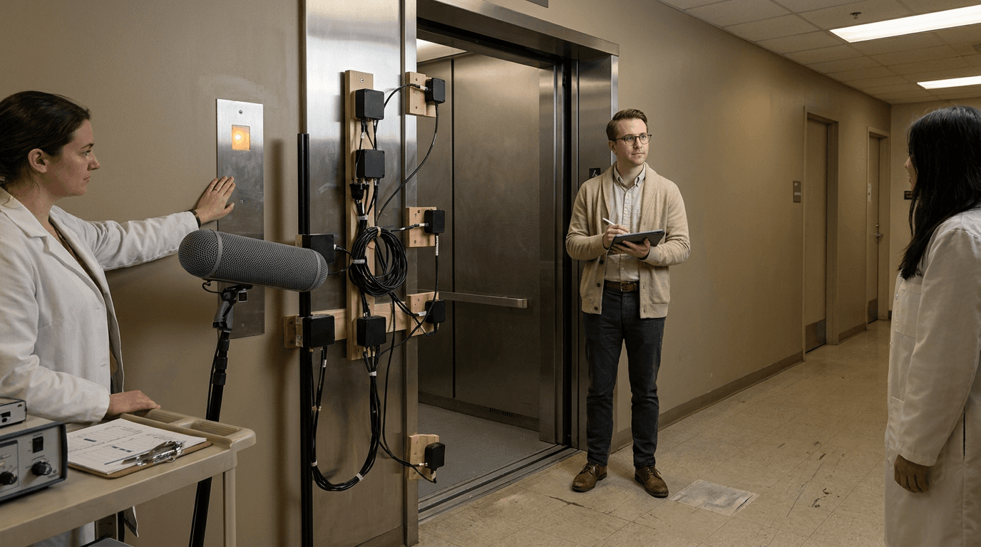 Researchers stand inside a test elevator surrounded by microphones and conversation timing charts.