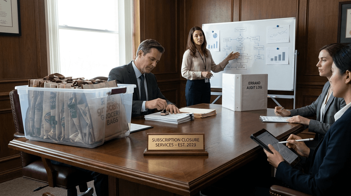 A startup team reviews a dashboard of unresolved errands beside neatly sealed envelopes.