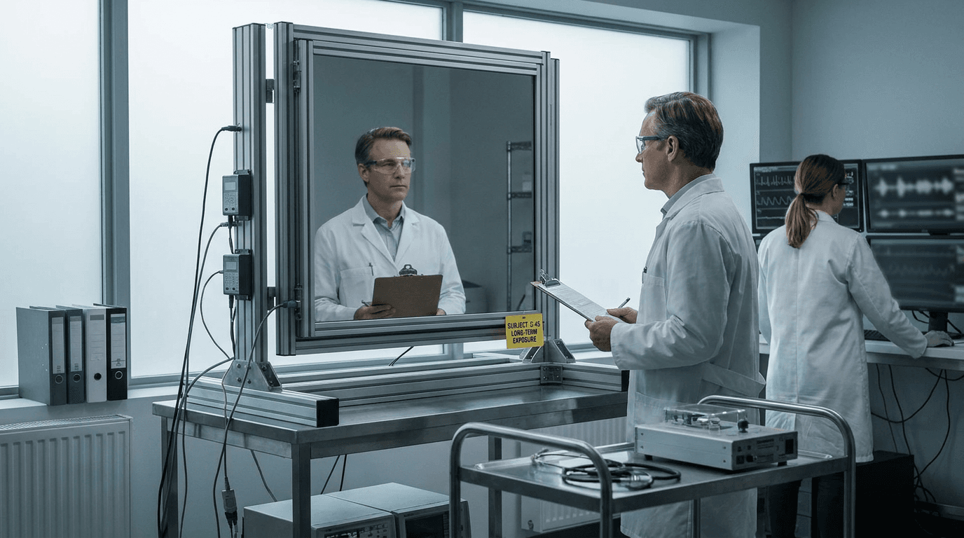Researchers observe a bathroom mirror in a lab while instruments record reflections around a sink.