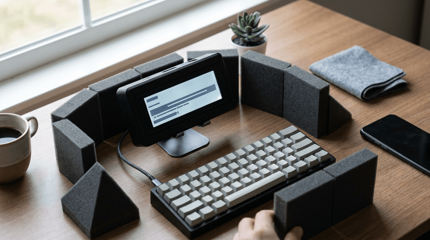 A small black writing device glows on a desk beside a mechanical keyboard, acoustic foam, and a phone placed face down.