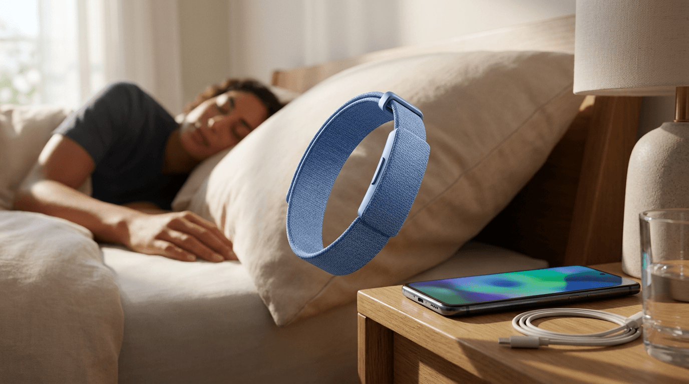 A blue screenless fitness band loops around a pillow beside a sleeping arm and a phone showing blurred wellness colors.
