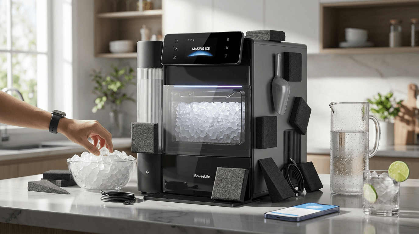 A smart ice maker sits on a kitchen counter surrounded by nugget ice bowls and tiny soundproofing foam pieces.
