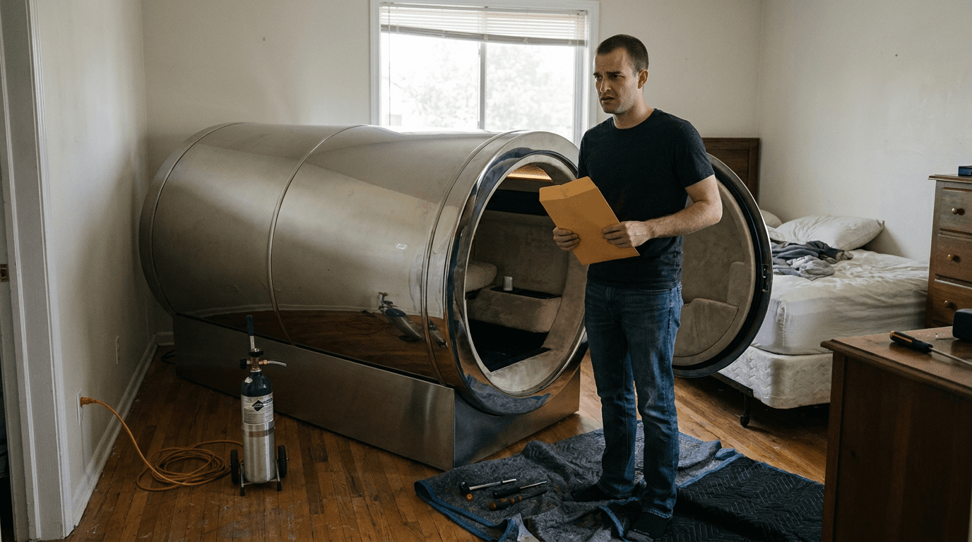 Doug stands beside a closed luxury sleep pod in an apartment, holding a financing statement while emergency equipment waits nearby.