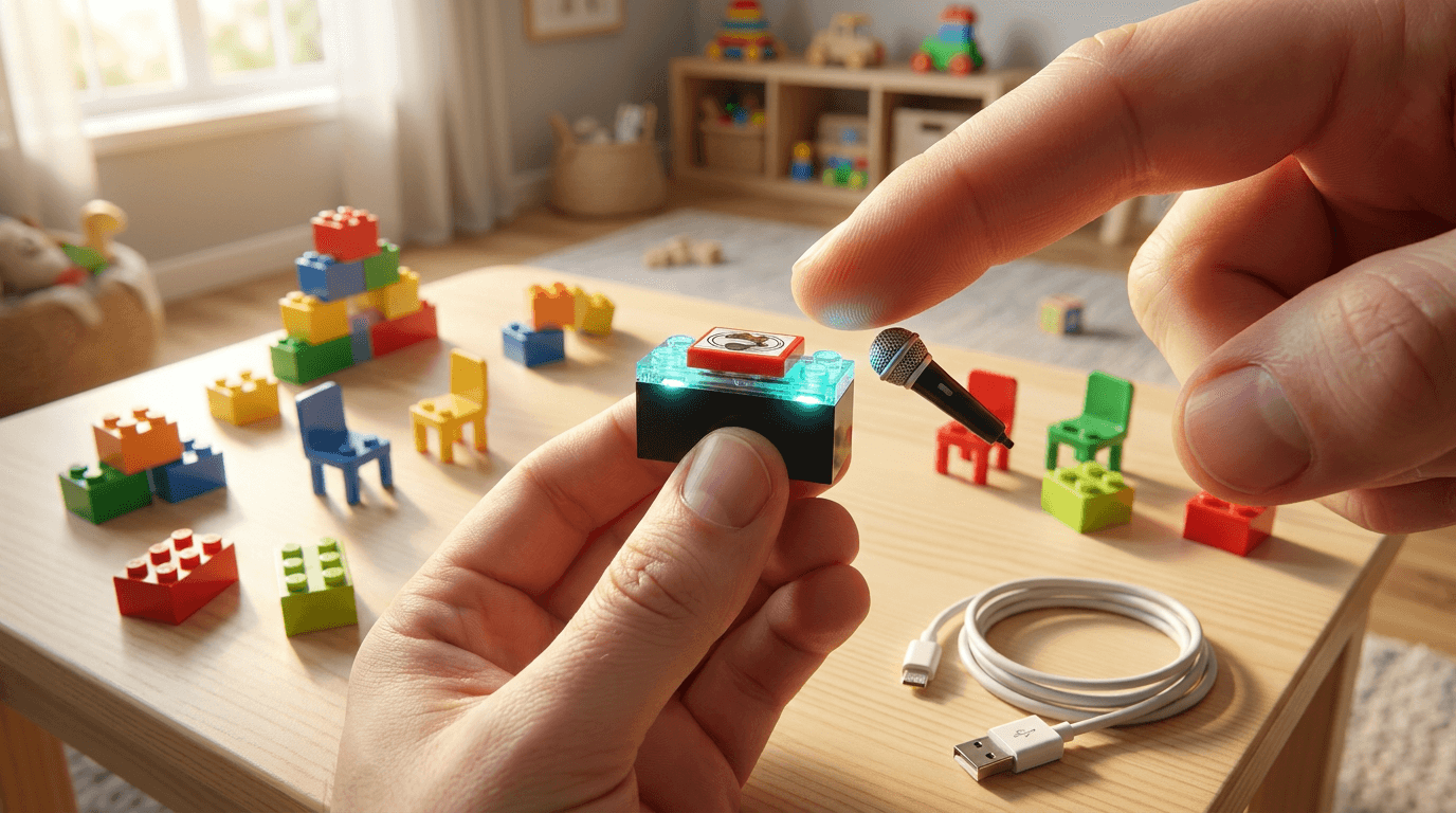A glowing smart brick sits on a playroom table with tiny toy chairs, a toy microphone, and scattered blocks.