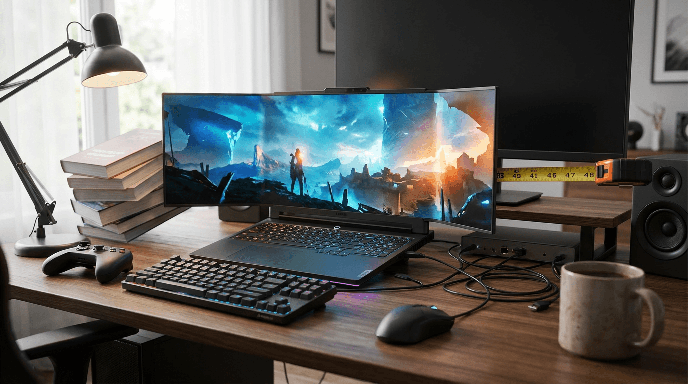 A rollable gaming laptop stretches across a desk crowded with a controller, coffee, measuring tape, and cables.