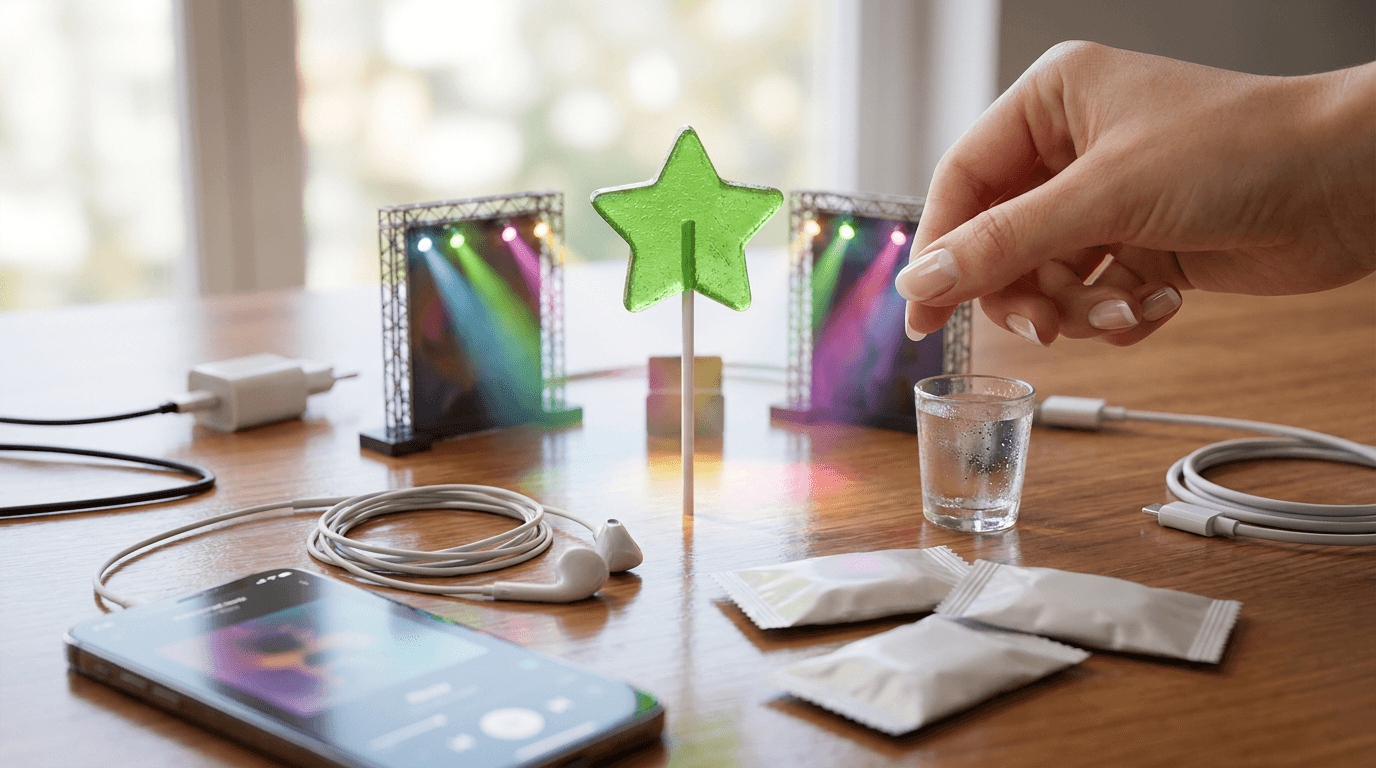 A glowing music lollipop sits on a glossy table with earbuds, tiny stage lights, and candy wrappers.
