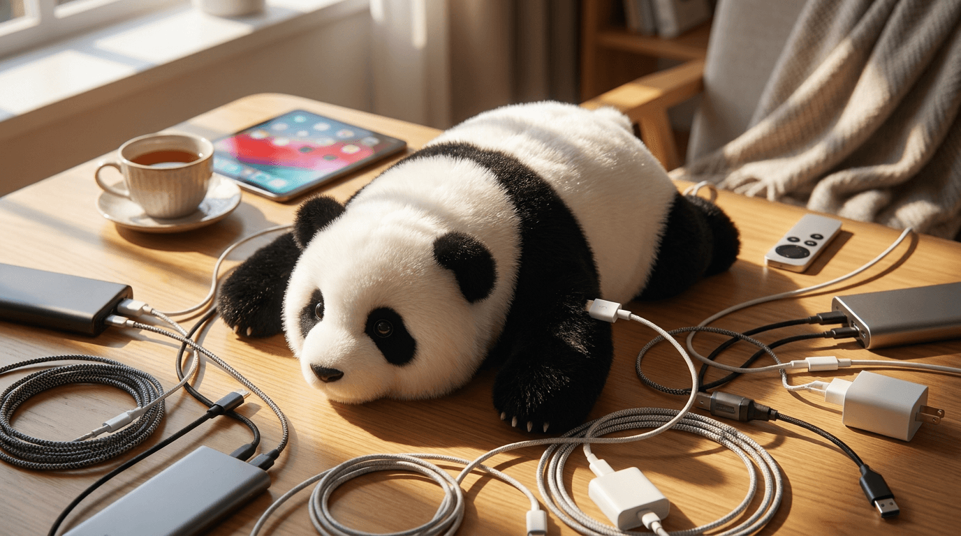 A plush AI panda robot lies by a sunny window beside a teacup, remote, tablet, and bands of warm light.
