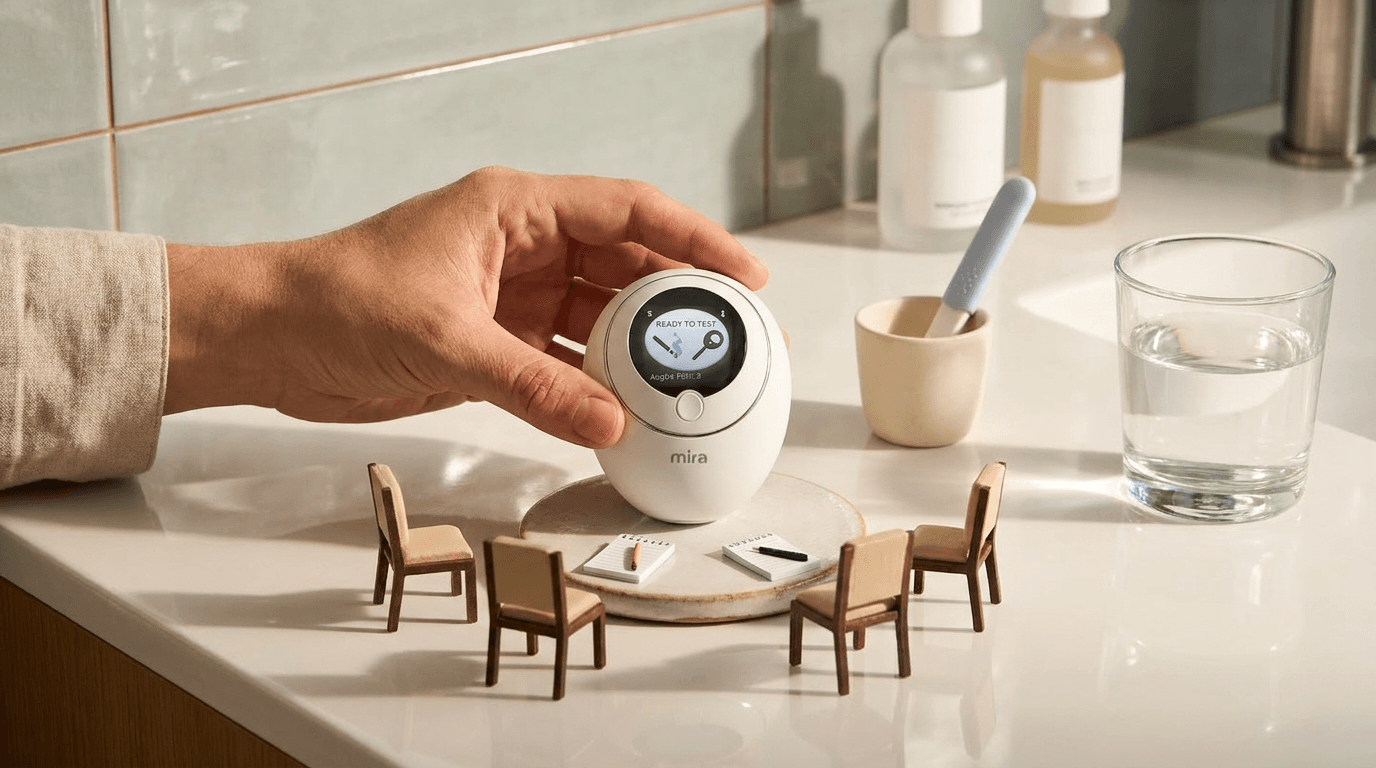 An egg-shaped health monitor sits on a bathroom vanity among tiny chairs, a water glass, and soft tile reflections.