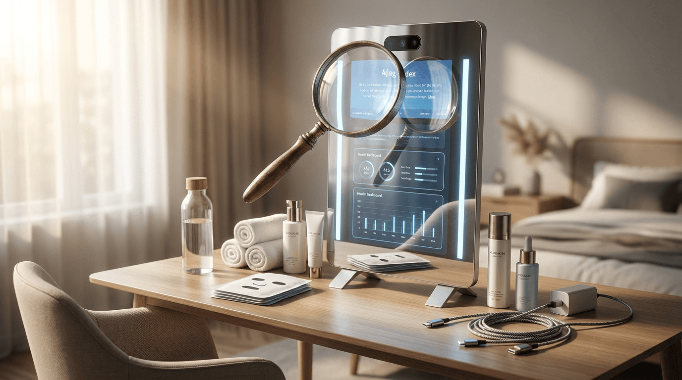 A smart mirror glows in a bathroom with a chair, skincare bottles, and a face mask reflected nearby.