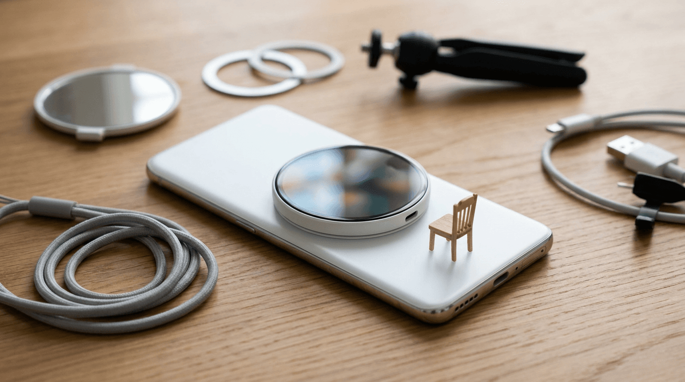 A smartphone with a small round rear display sits on a desk beside magnetic rings, a lanyard, and a tiny empty chair.