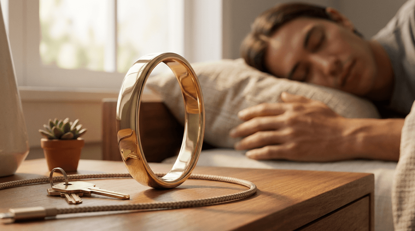 A gold smart ring stands upright on a nightstand beside a sleeping hand, tiny keys, and a miniature houseplant.