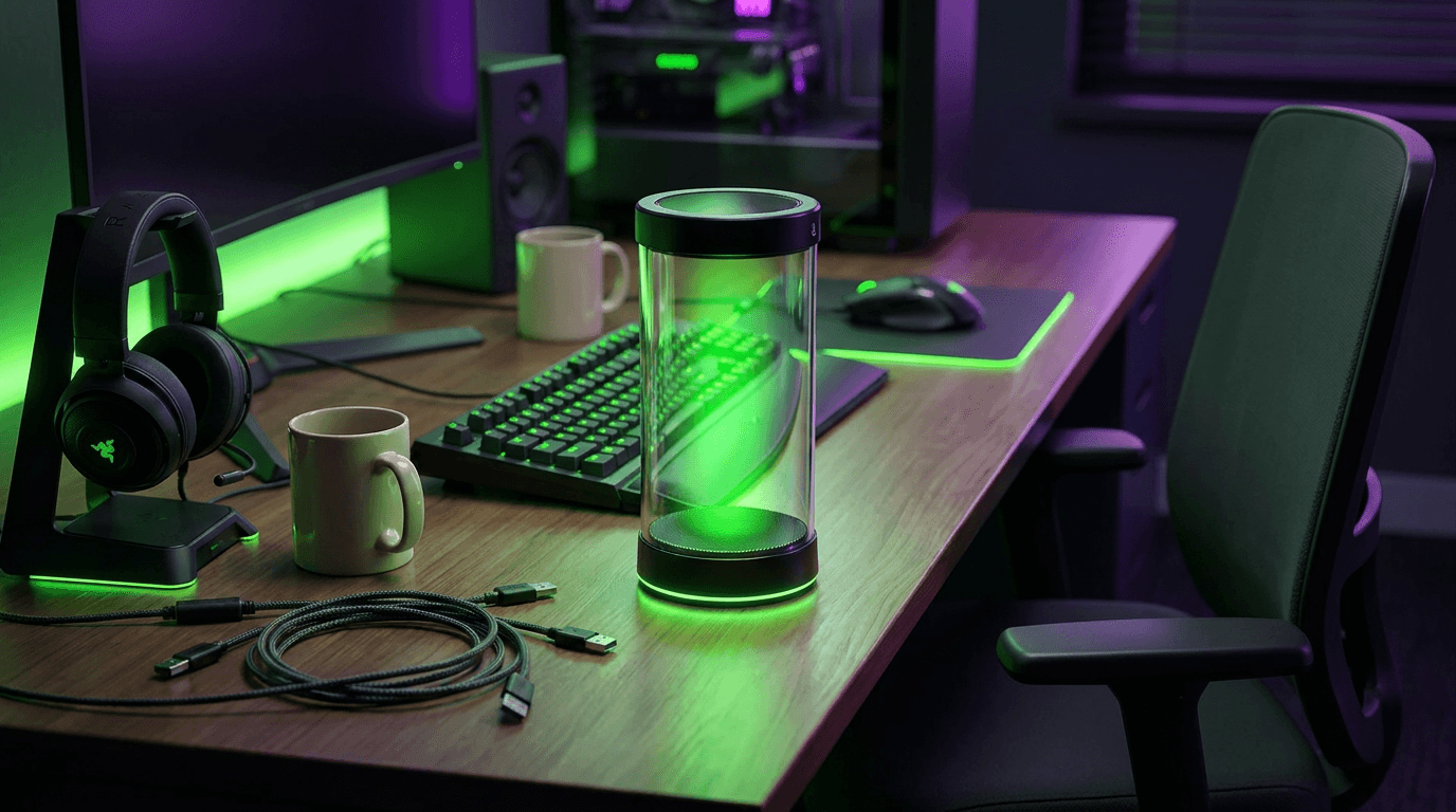 A black hologram cylinder glows on a gaming desk between two mugs, a keyboard, and an empty chair.
