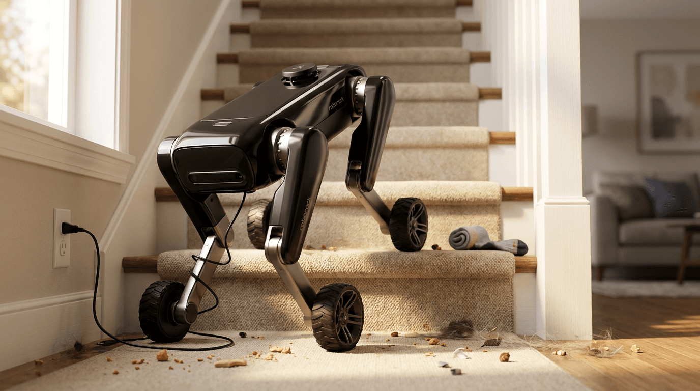 A legged robot vacuum poses at the bottom of a home staircase surrounded by charging cables and scattered crumbs.