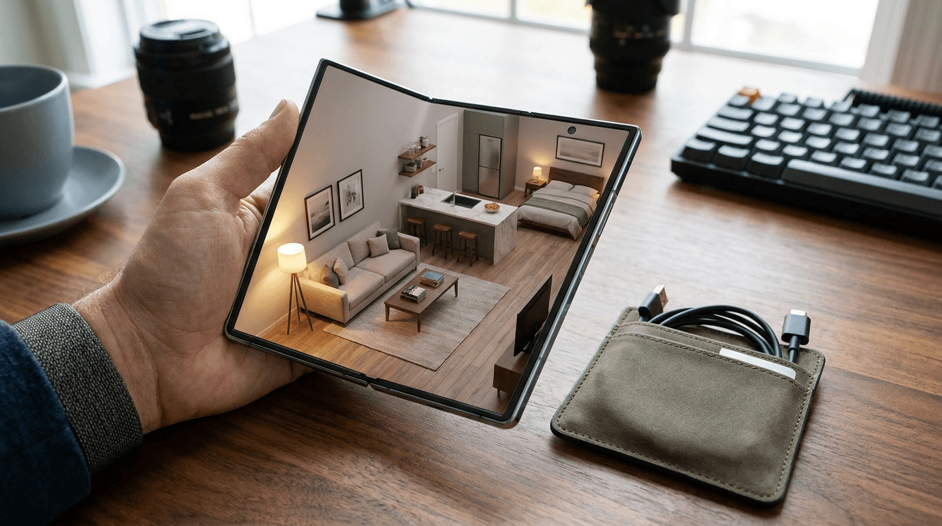 A double-folding phone on a desk opens into a tiny furnished room with a lamp and sofa inside the screen area.