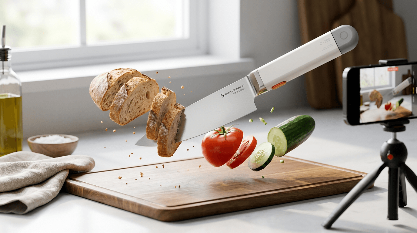 A white chef's knife rests on a kitchen counter as bread and tomatoes appear to have neatly sliced themselves.