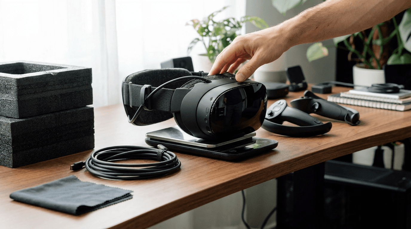A black VR headset sits on a gaming desk surrounded by controllers, coiled cables, packing foam, and tiny domestic moving boxes.