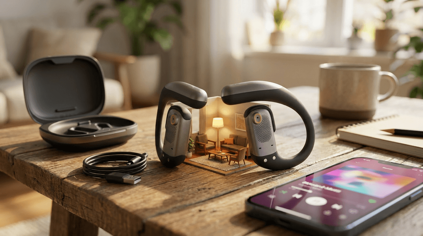 Open-ear headphones twist open on a coffee table beside a phone, speaker case, and tiny living-room furniture.