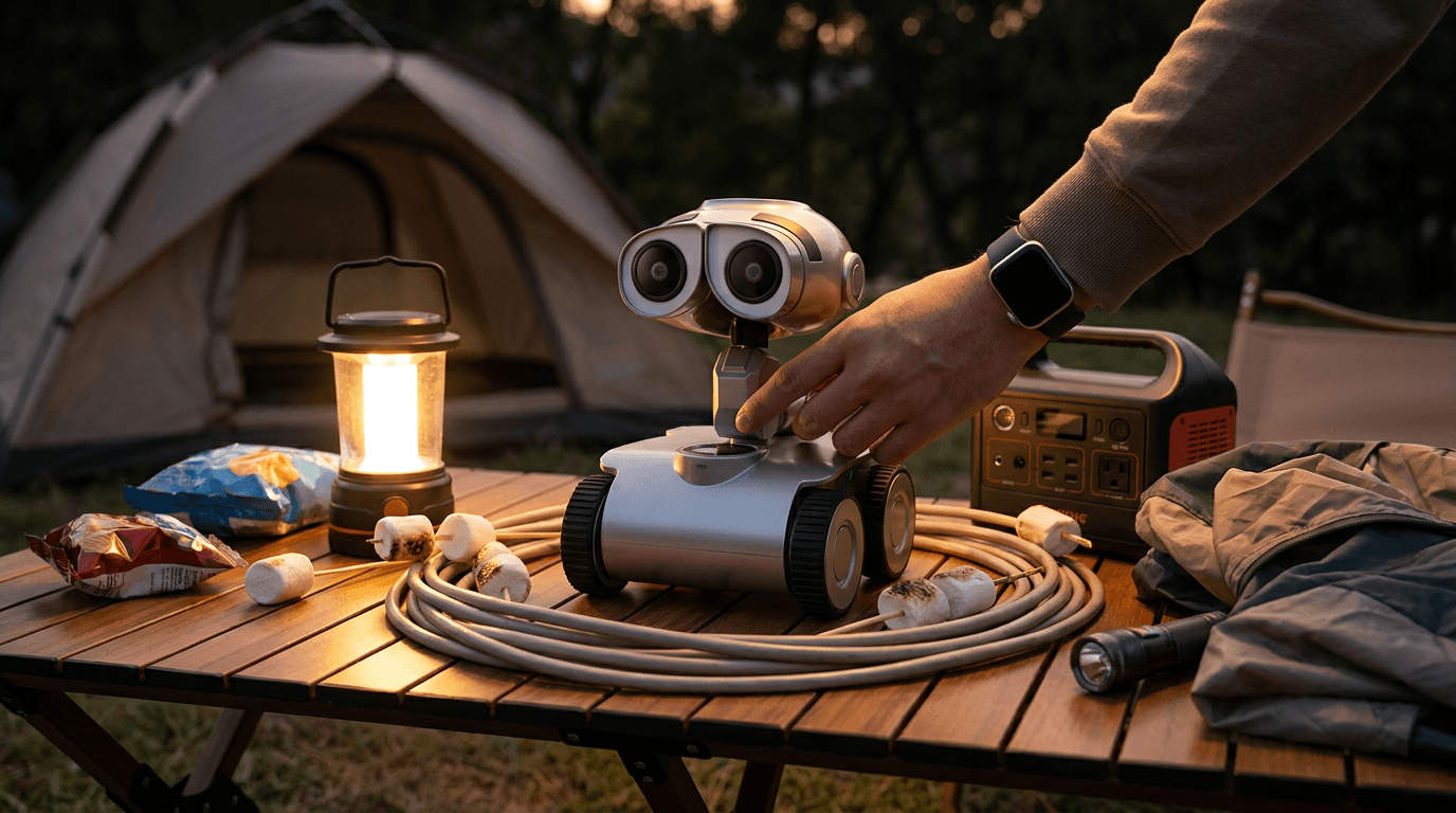 A compact silver wheeled robot sits on a camping table between marshmallows, a lantern, and a portable power station.