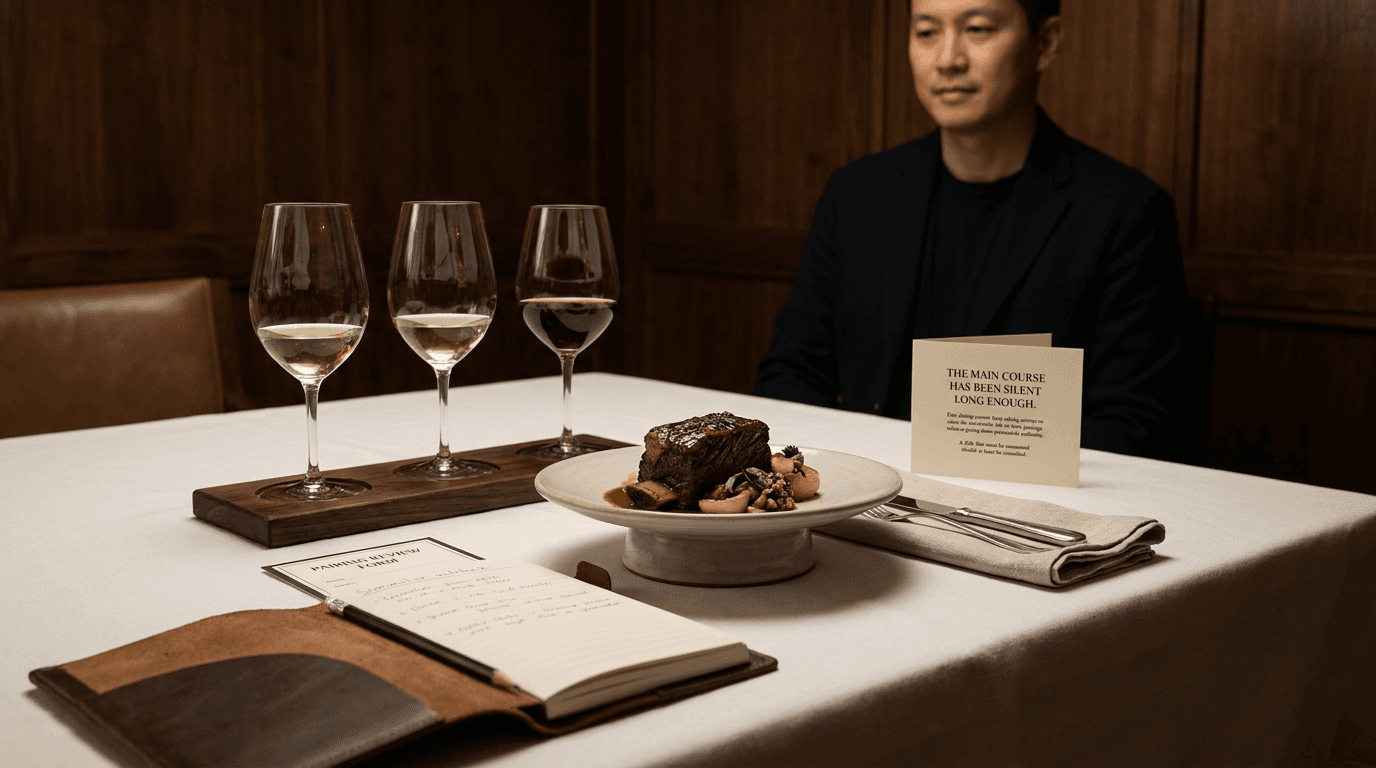 A formal dining table shows an entree facing several wine glasses with a sommelier's notebook nearby.