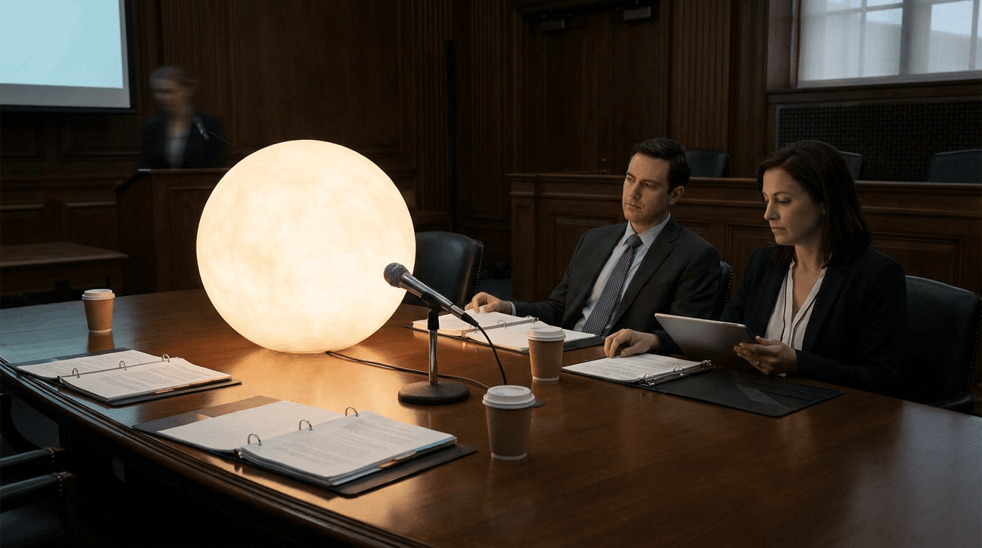 A formal editorial desk holds sky reform plans, moon diagrams, and a small model of stars.