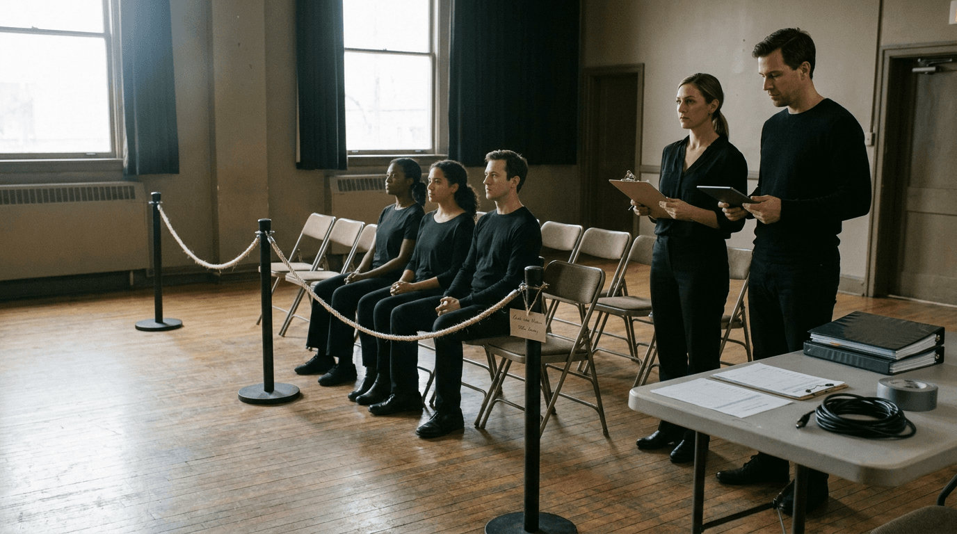 A rehearsal room shows rows of attentive audience understudies practicing applause under a director's guidance.