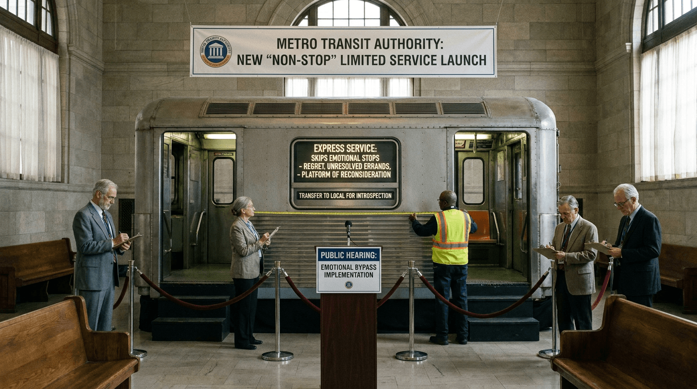 A sleek train passes a dimly lit station where calm attendants stand beside labeled benches.