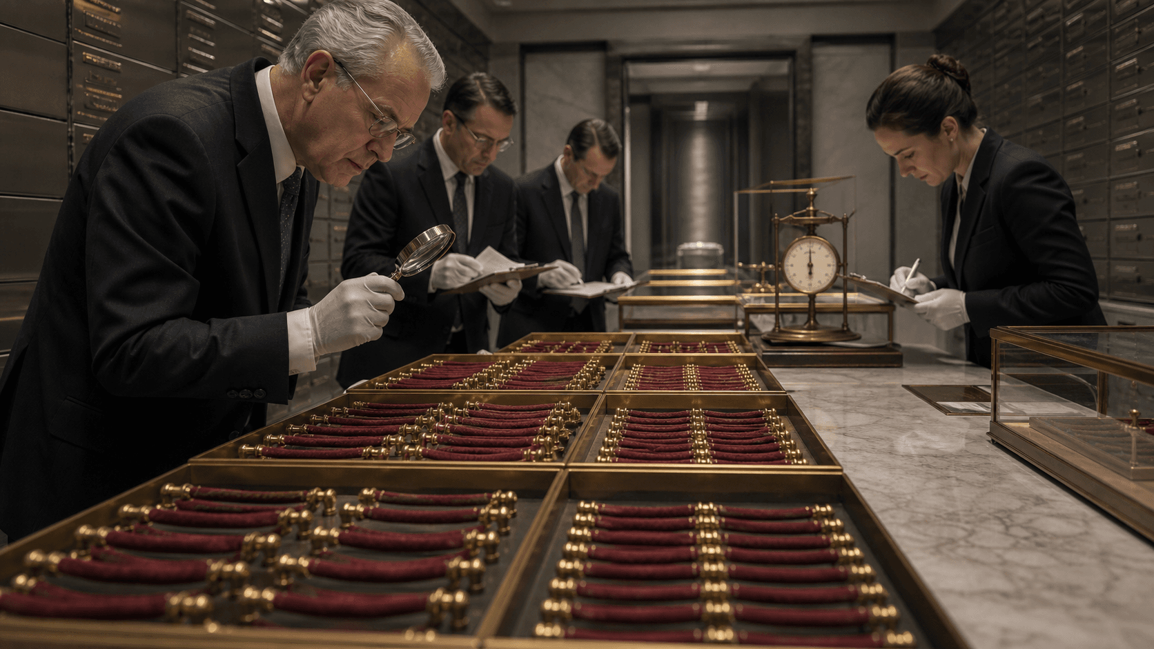 Inspectors in suits examine trays of miniature velvet ropes in a secure vault.