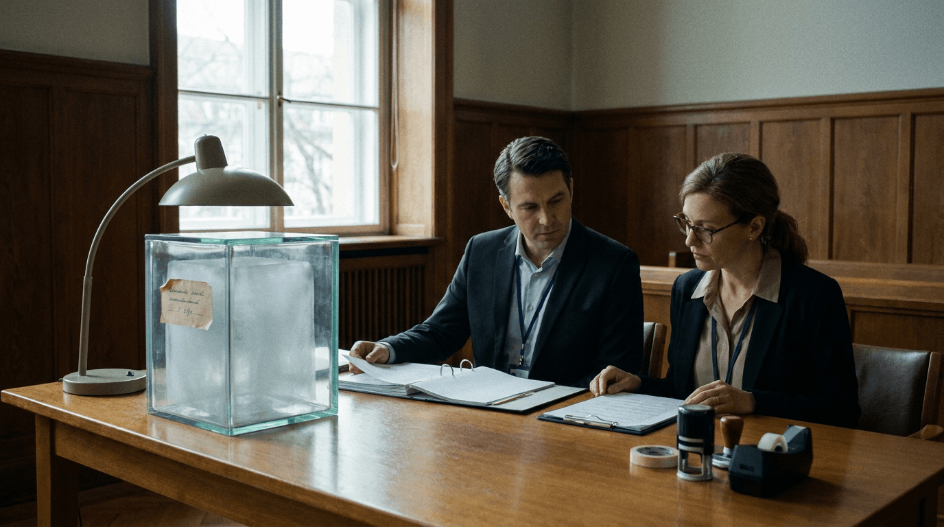 A government hearing room contains a glass case preserving a visible pause between two microphones.