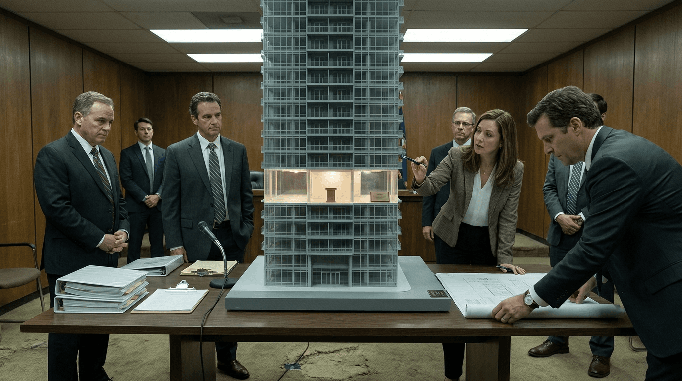 A scale model of an apartment tower shows one empty glowing floor while officials review zoning plans.