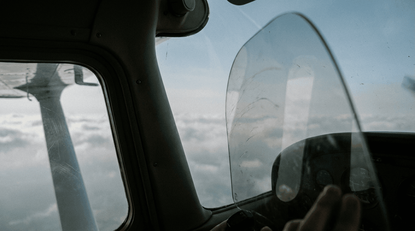 A quiet small-airplane cockpit-window view of pale sky, soft clouds, and a wing strut with no useful ground detail.