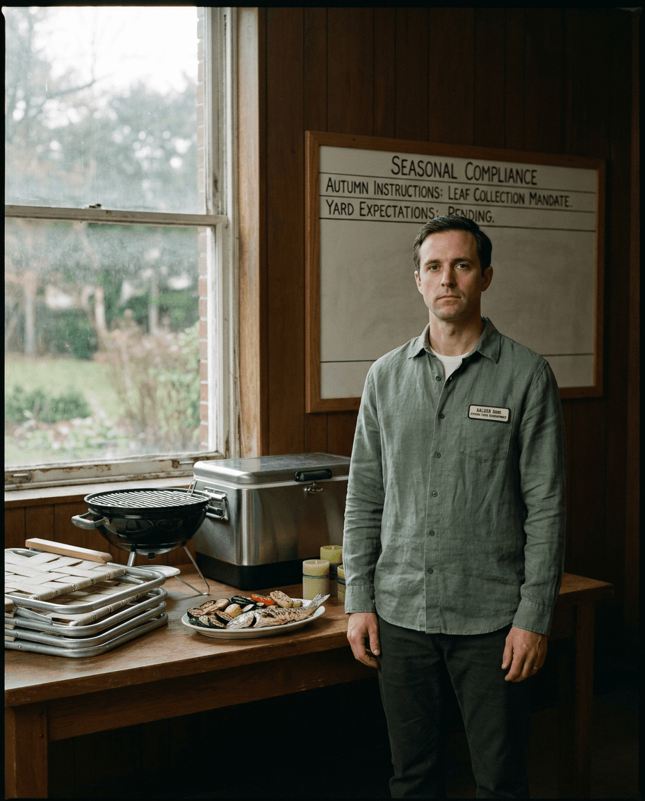Professional portrait of Calder Rind near an outdoor dining setup.