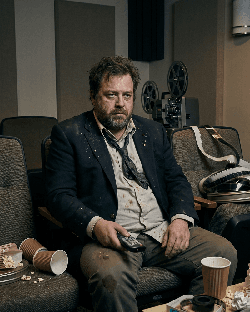 Professional portrait of Chud Buckets in a cluttered screening room.