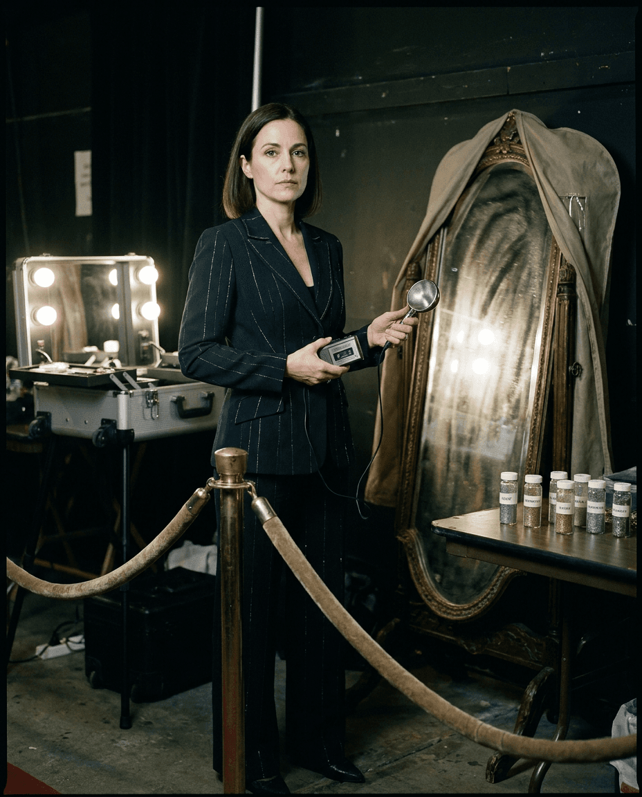 Professional portrait of Gilda Glint at a controlled celebrity access station.