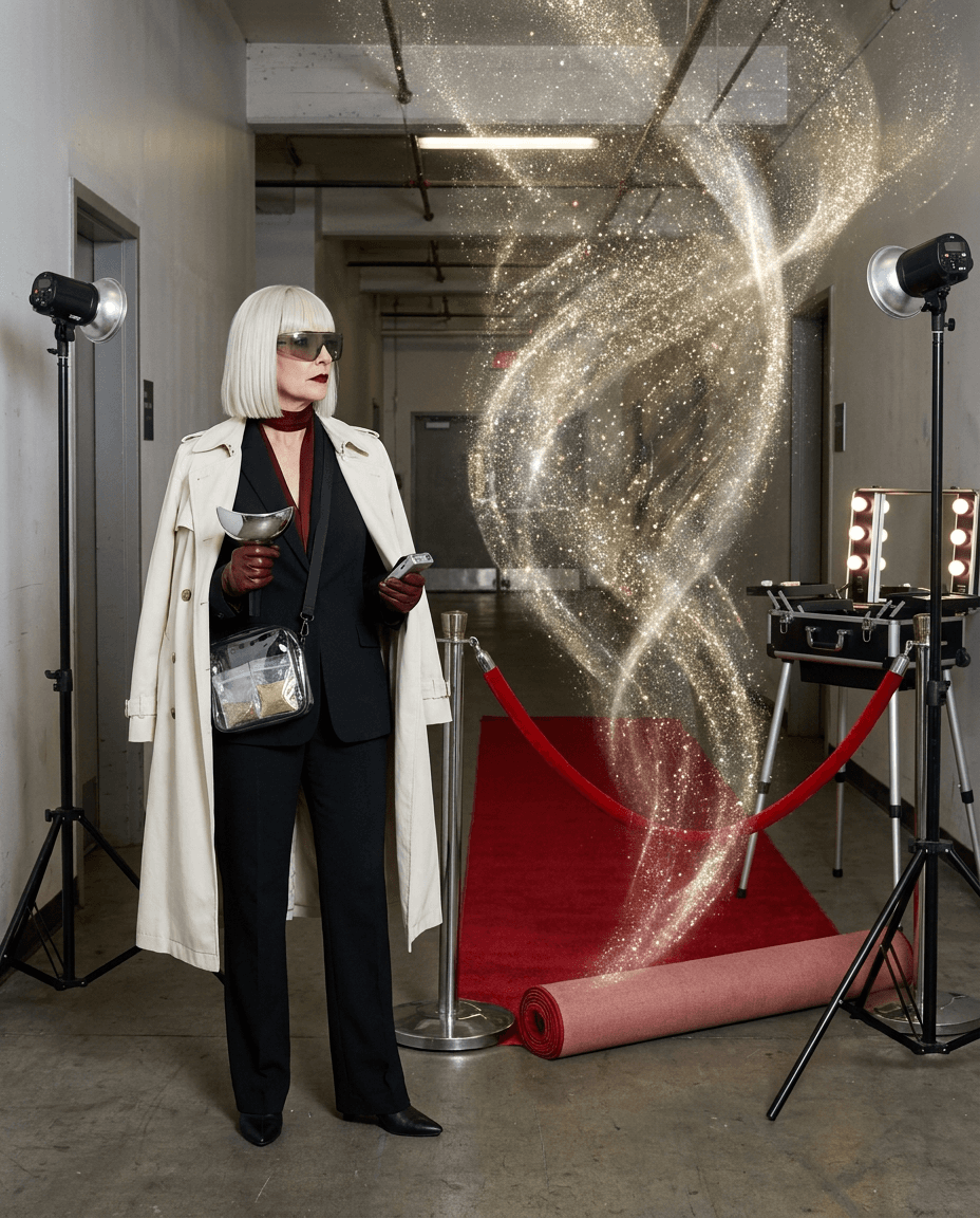 Professional portrait of Gilda Glint at a controlled celebrity access station.